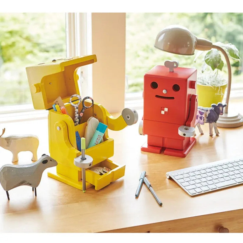 Wooden Robot Desk Organizer: Vibrant and Practical Stationery Storage