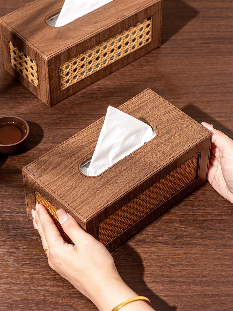 Leather Tissue Box with Woven Rattan Panels - Rustic Boho Decorative Tissue Holder