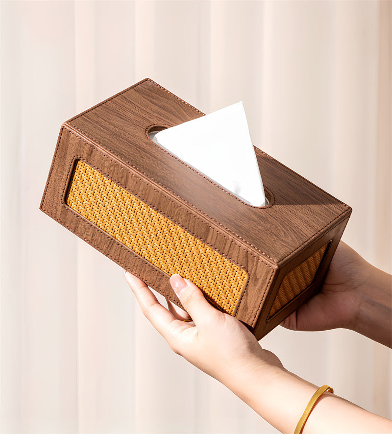 Leather Tissue Box with Woven Rattan Panels - Rustic Boho Decorative Tissue Holder