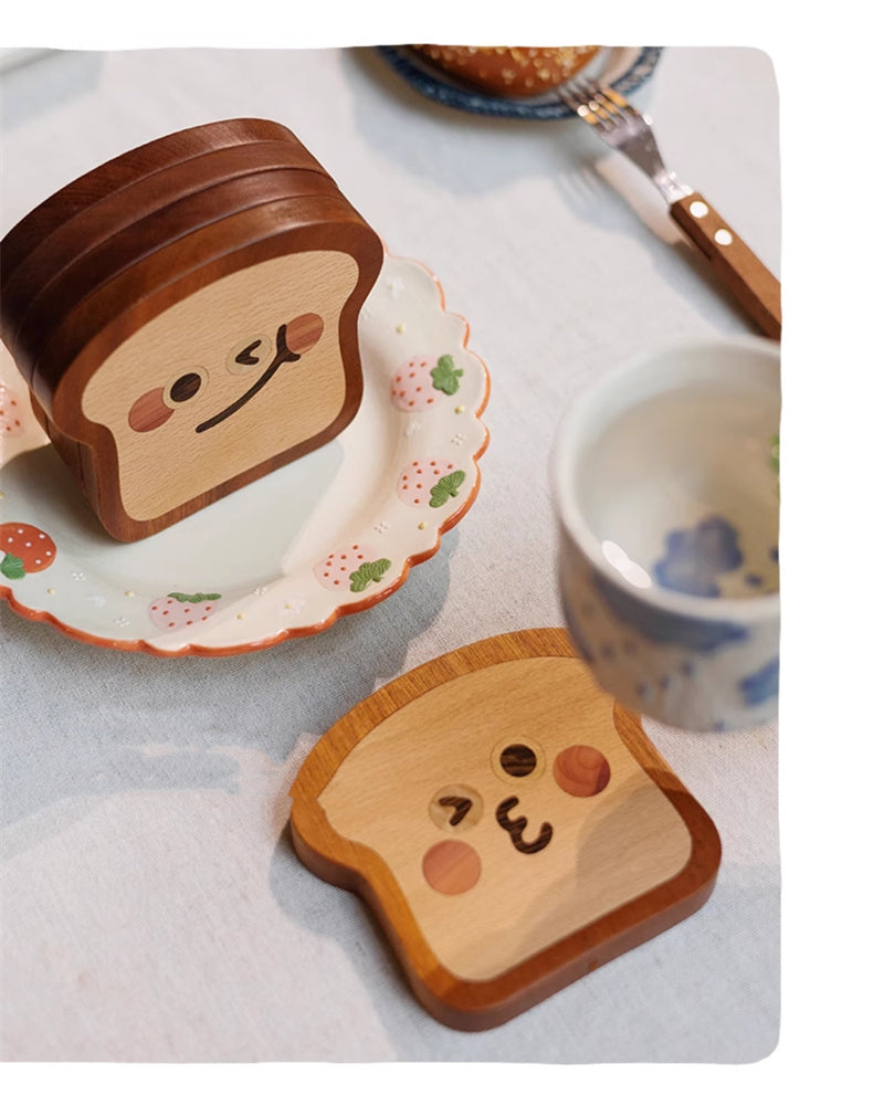 Wooden Toast Coasters Set - 5 Piece Cartoon Face Drink Mats,Kitchen Ideas