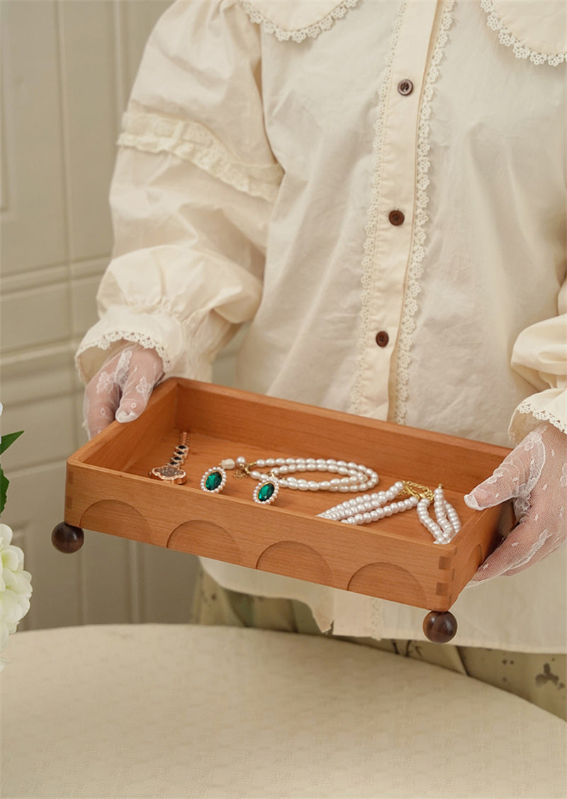 Wooden Vanity Tray with Round Feet, Decorative Organizer for Perfumes and Small Items
