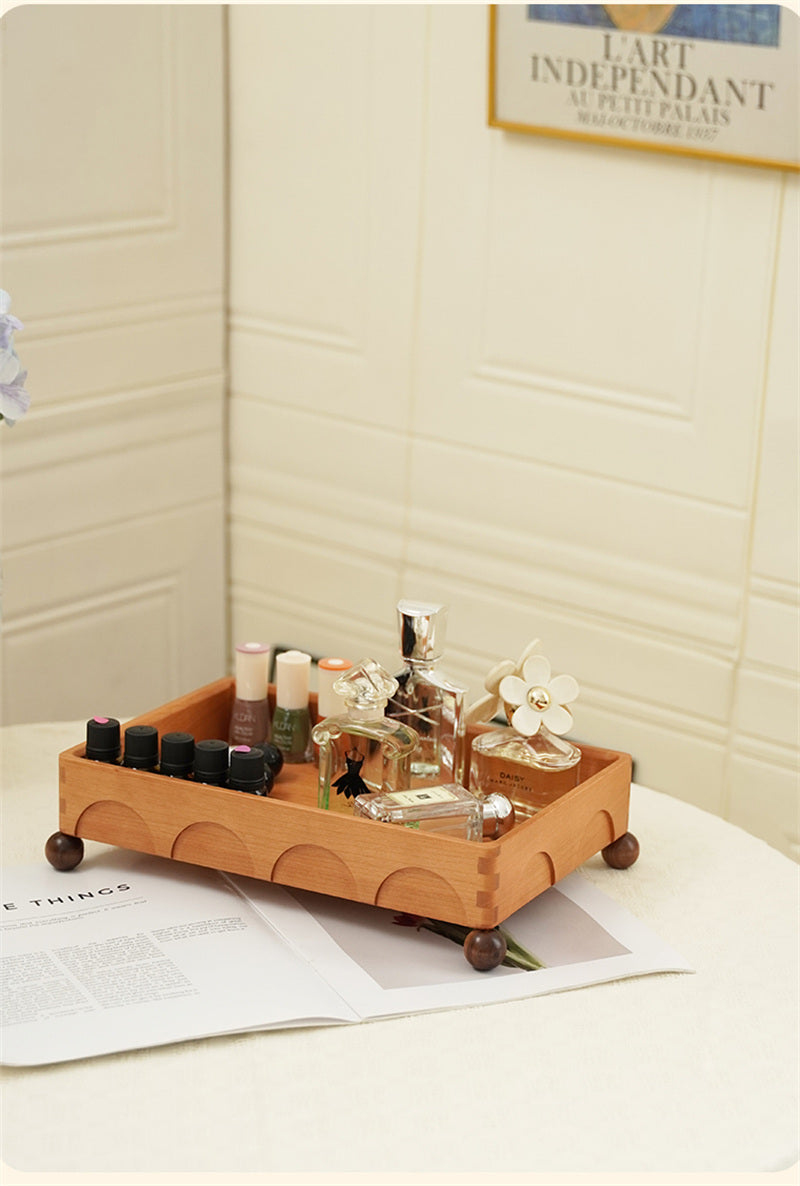 Wooden Vanity Tray with Round Feet, Decorative Organizer for Perfumes and Small Items