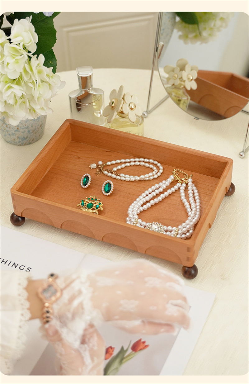 Wooden Vanity Tray with Round Feet, Decorative Organizer for Perfumes and Small Items