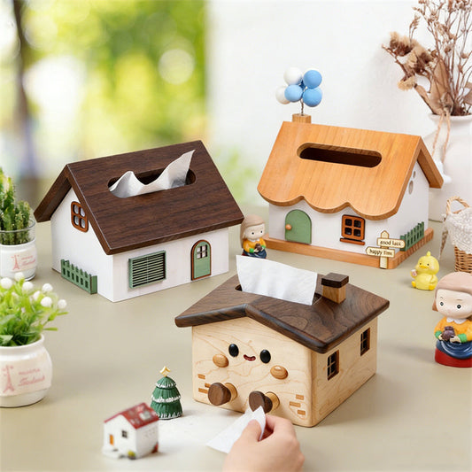 Three wooden house-shaped tissue boxes to decorate your home
