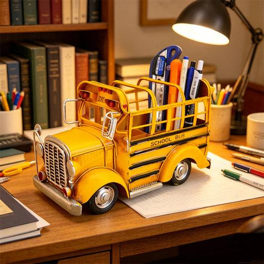 Vintage Metal School Bus Pen Holder - How to Style a Cozy, Industrial Desk Setup with Handcrafted Metal Accents
