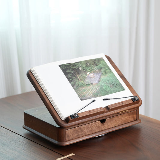 360° Rotating Wooden Book Stand with Drawer – Adjustable Reading Holder with Storage Office Stationery