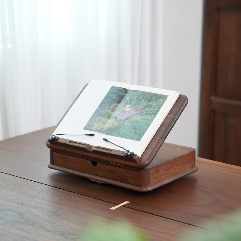 360° Rotating Wooden Book Stand with Drawer – Adjustable Reading Holder with Storage Office Stationery