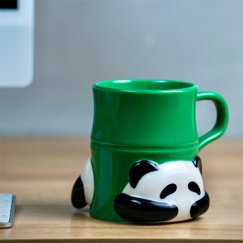 3D Cute Panda Bamboo Shaped Ceramic Coffee Mug, Novelty Animal Sculpted Tea Cup&Drinking Cup, Fun Gift for Panda Lovers