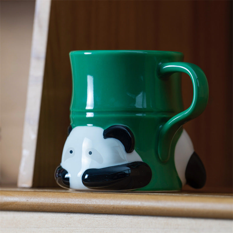 3D Cute Panda Bamboo Shaped Ceramic Coffee Mug, Novelty Animal Sculpted Tea Cup&Drinking Cup, Fun Gift for Panda Lovers