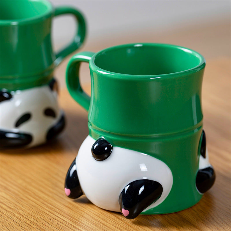 3D Cute Panda Bamboo Shaped Ceramic Coffee Mug, Novelty Animal Sculpted Tea Cup&Drinking Cup, Fun Gift for Panda Lovers