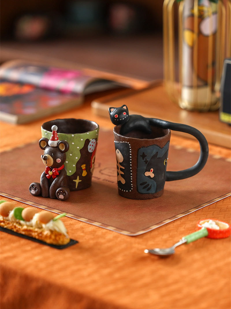 3D Hand Sculpted Animal Ceramic Coffee Mug, Cute Fox Bear Black Cat Figurine Hand‑Painted Pottery Cup, Unique Novelty Drinkware Gift for Animal Lovers