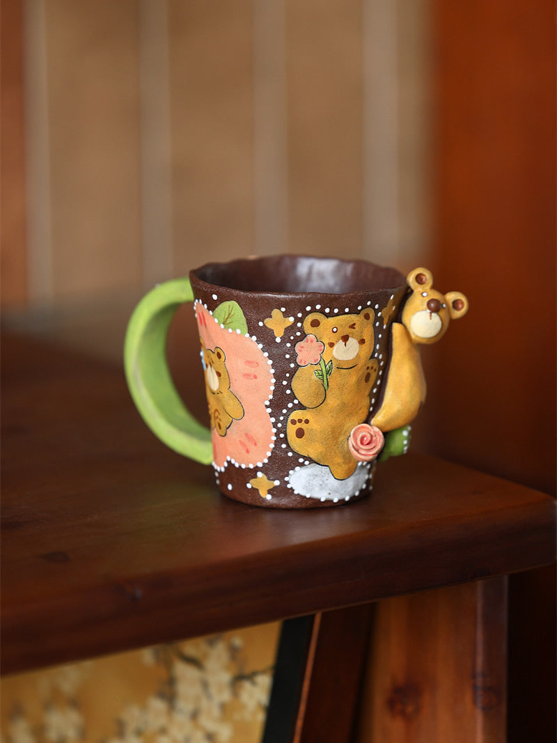 3D Hand Sculpted Animal Ceramic Coffee Mug, Cute Fox Bear Black Cat Figurine Hand‑Painted Pottery Cup, Unique Novelty Drinkware Gift for Animal Lovers