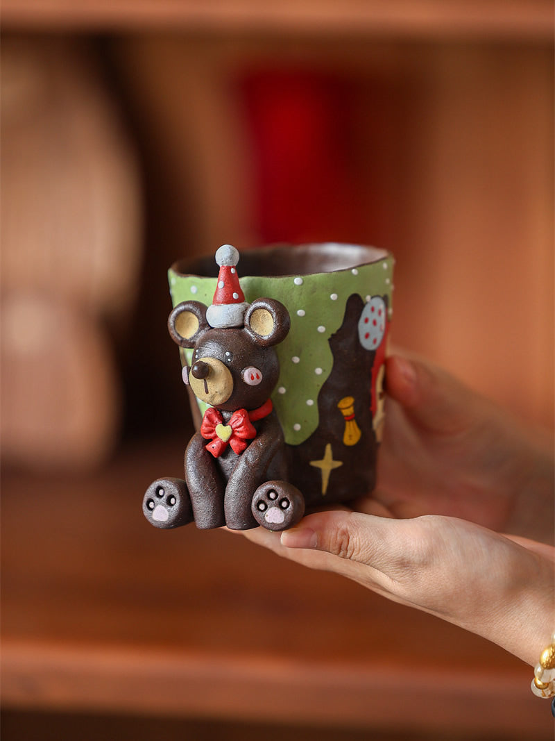 3D Hand Sculpted Animal Ceramic Coffee Mug, Cute Fox Bear Black Cat Figurine Hand‑Painted Pottery Cup, Unique Novelty Drinkware Gift for Animal Lovers