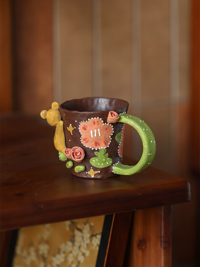 3D Hand Sculpted Animal Ceramic Coffee Mug, Cute Fox Bear Black Cat Figurine Hand‑Painted Pottery Cup, Unique Novelty Drinkware Gift for Animal Lovers