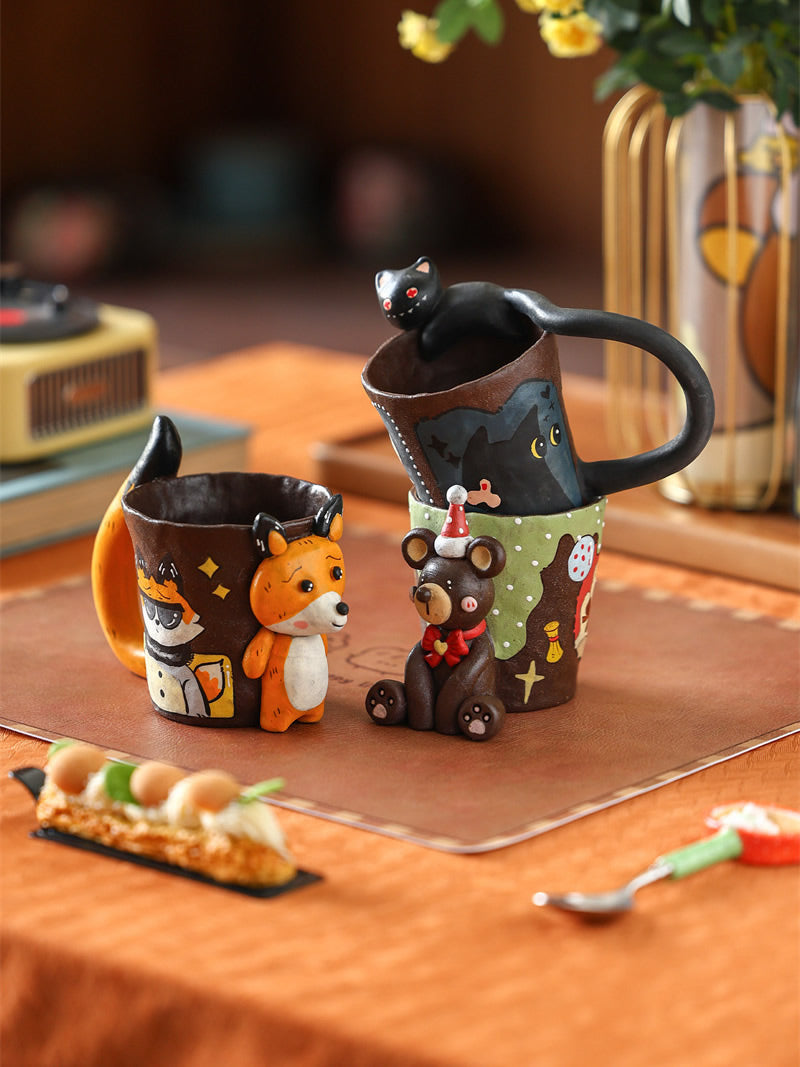 3D Hand Sculpted Animal Ceramic Coffee Mug, Cute Fox Bear Black Cat Figurine Hand‑Painted Pottery Cup, Unique Novelty Drinkware Gift for Animal Lovers