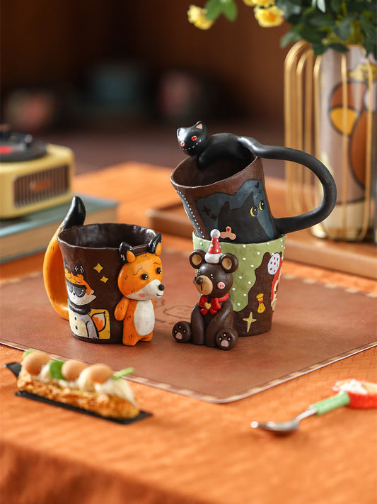 3D Hand Sculpted Animal Ceramic Coffee Mug, Cute Fox Bear Black Cat Figurine Hand‑Painted Pottery Cup, Unique Novelty Drinkware Gift for Animal Lovers