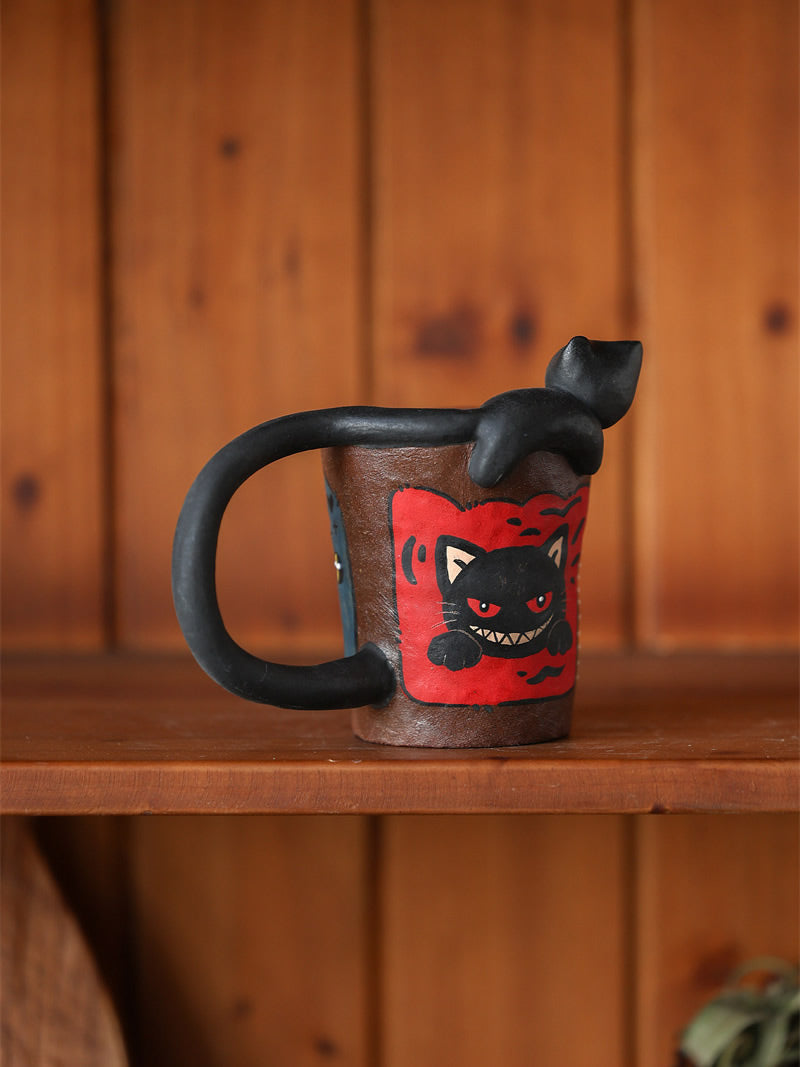 3D Hand Sculpted Animal Ceramic Coffee Mug, Cute Fox Bear Black Cat Figurine Hand‑Painted Pottery Cup, Unique Novelty Drinkware Gift for Animal Lovers