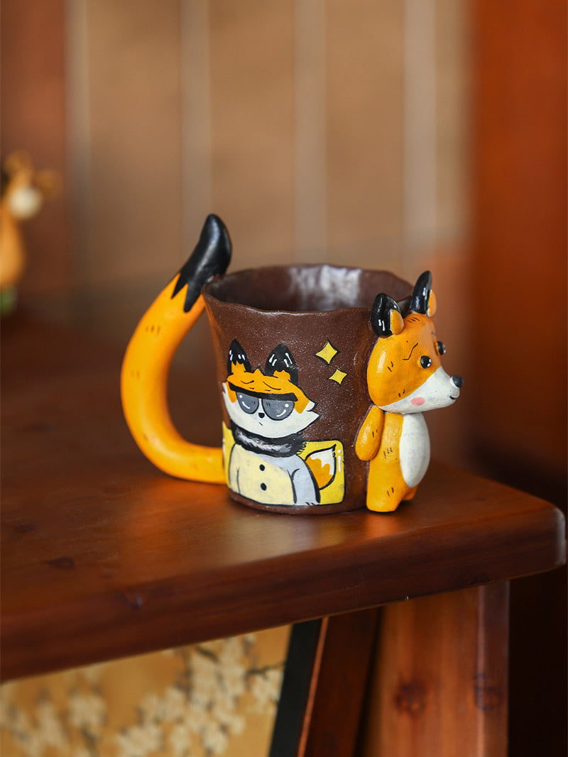 3D Hand Sculpted Animal Ceramic Coffee Mug, Cute Fox Bear Black Cat Figurine Hand‑Painted Pottery Cup, Unique Novelty Drinkware Gift for Animal Lovers
