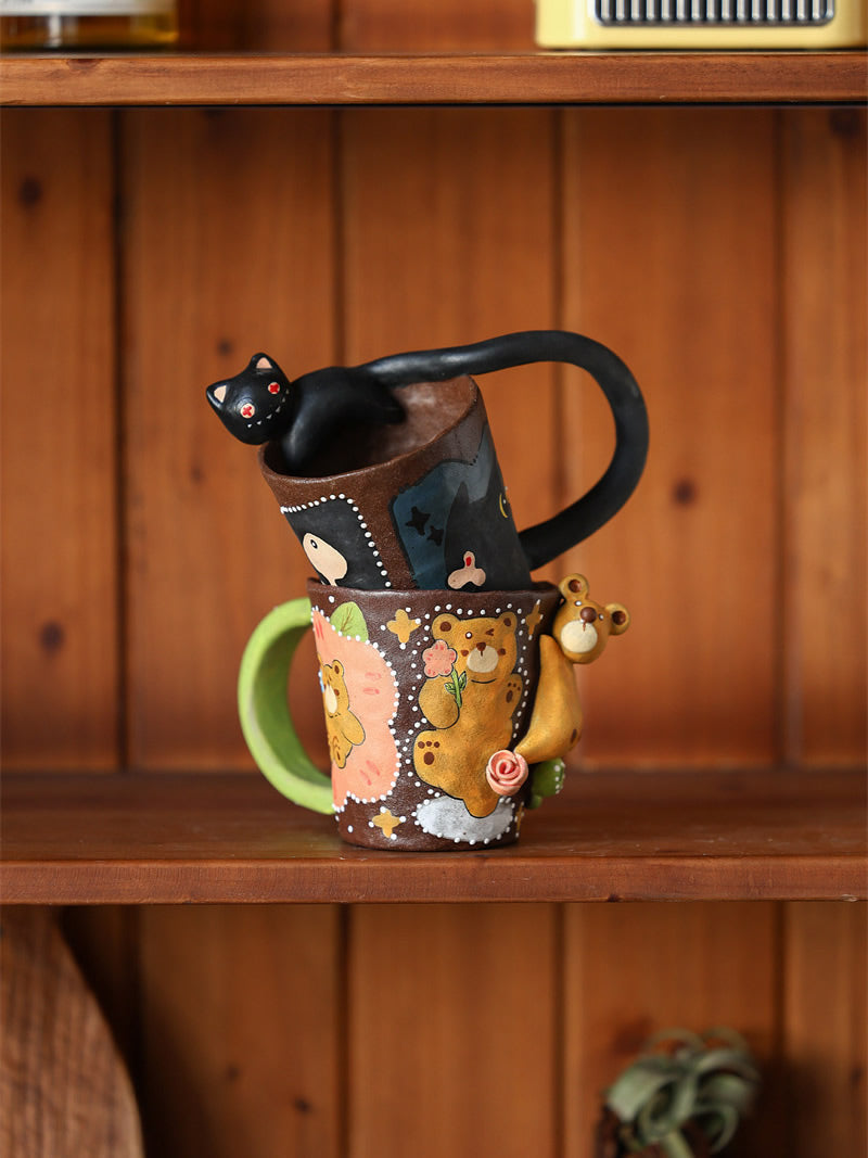 3D Hand Sculpted Animal Ceramic Coffee Mug, Cute Fox Bear Black Cat Figurine Hand‑Painted Pottery Cup, Unique Novelty Drinkware Gift for Animal Lovers