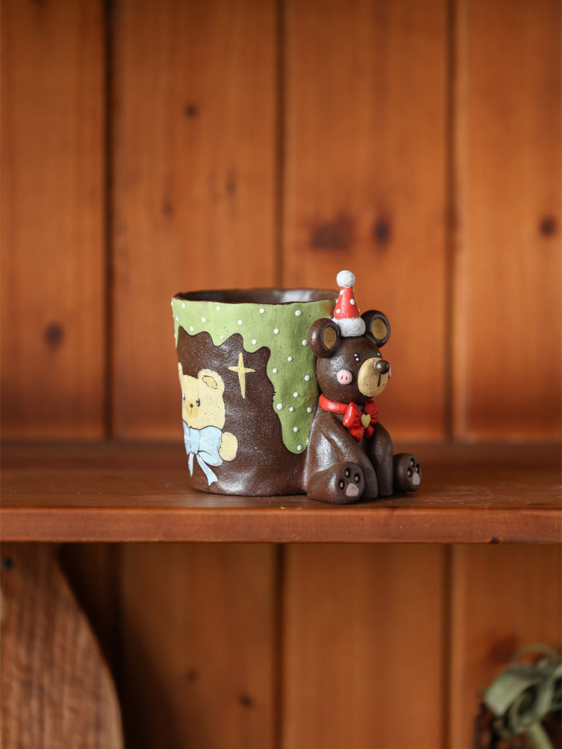3D Hand Sculpted Animal Ceramic Coffee Mug, Cute Fox Bear Black Cat Figurine Hand‑Painted Pottery Cup, Unique Novelty Drinkware Gift for Animal Lovers