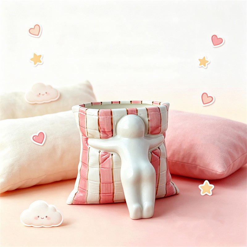 3D Hugging Abstract Little Man Ceramic Coffee Cup, Office Desktop Pen Holder , Unique Novelty Gift for Students Girls & Office Colleagues