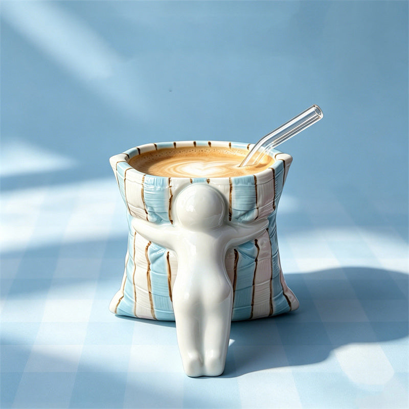 3D Hugging Abstract Little Man Ceramic Coffee Cup, Office Desktop Pen Holder , Unique Novelty Gift for Students Girls & Office Colleagues