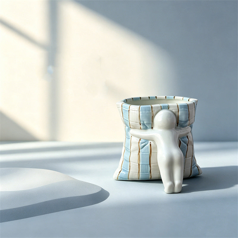 3D Hugging Abstract Little Man Ceramic Coffee Cup, Office Desktop Pen Holder , Unique Novelty Gift for Students Girls & Office Colleagues