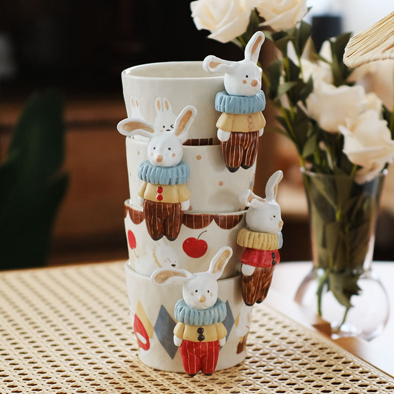 3D Rabbit Handle Ceramic Mug - Hand-Painted Cute Animal Cups for Coffee & Tea
