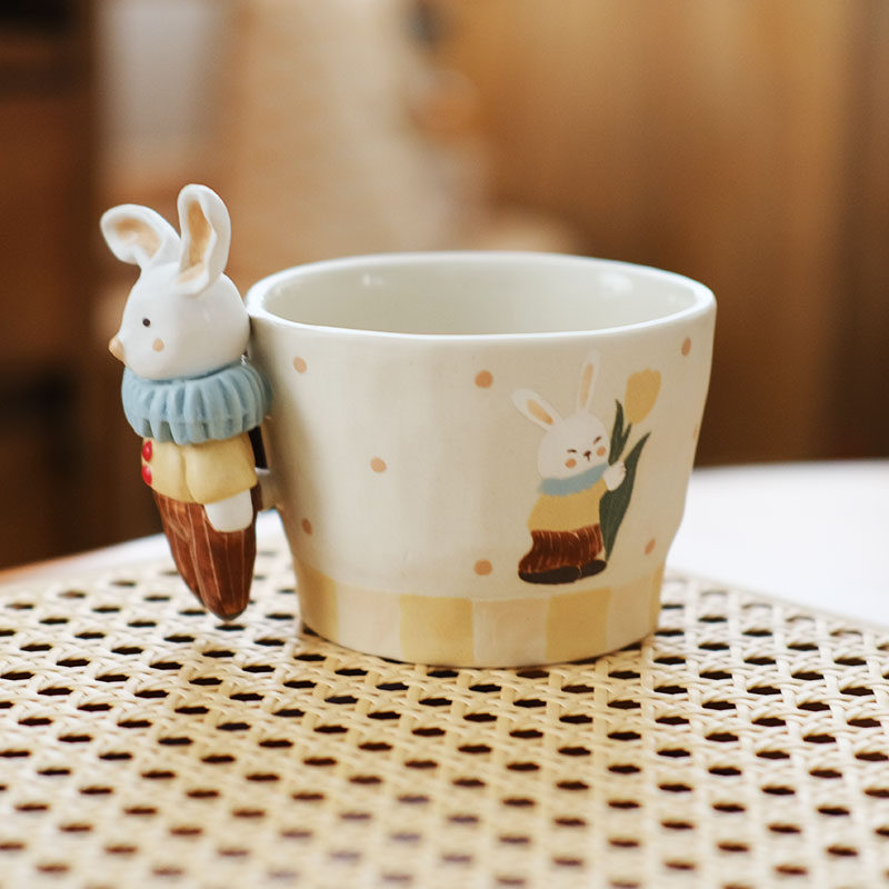3D Rabbit Handle Ceramic Mug - Hand-Painted Cute Animal Cups for Coffee & Tea