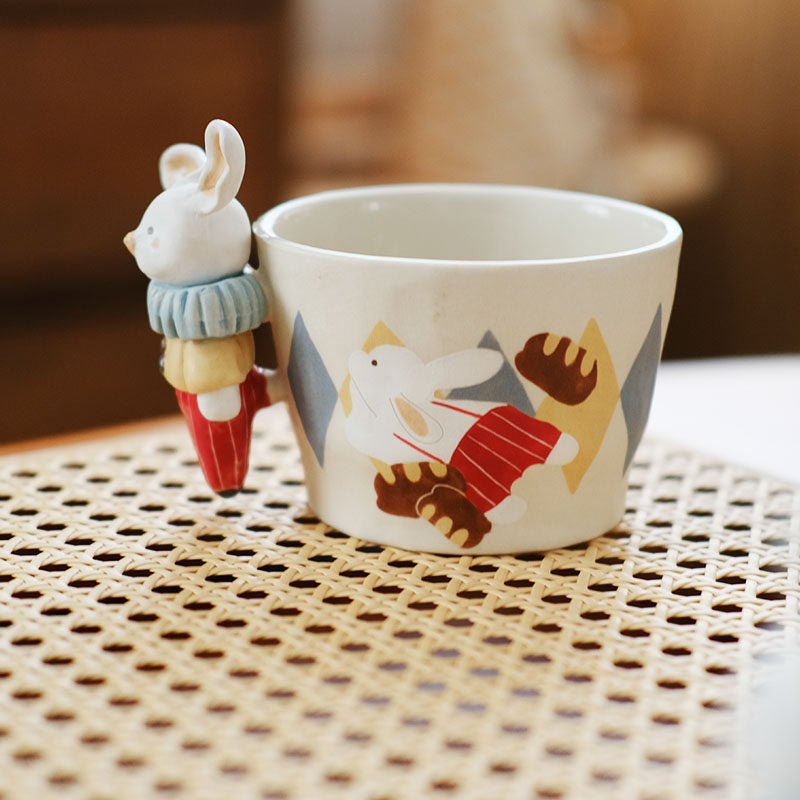 3D Rabbit Handle Ceramic Mug - Hand-Painted Cute Animal Cups for Coffee & Tea