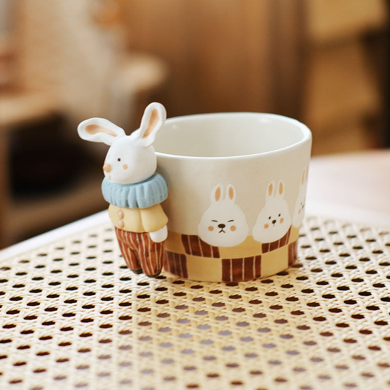 3D Rabbit Handle Ceramic Mug - Hand-Painted Cute Animal Cups for Coffee & Tea