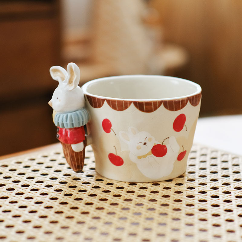 3D Rabbit Handle Ceramic Mug - Hand-Painted Cute Animal Cups for Coffee & Tea