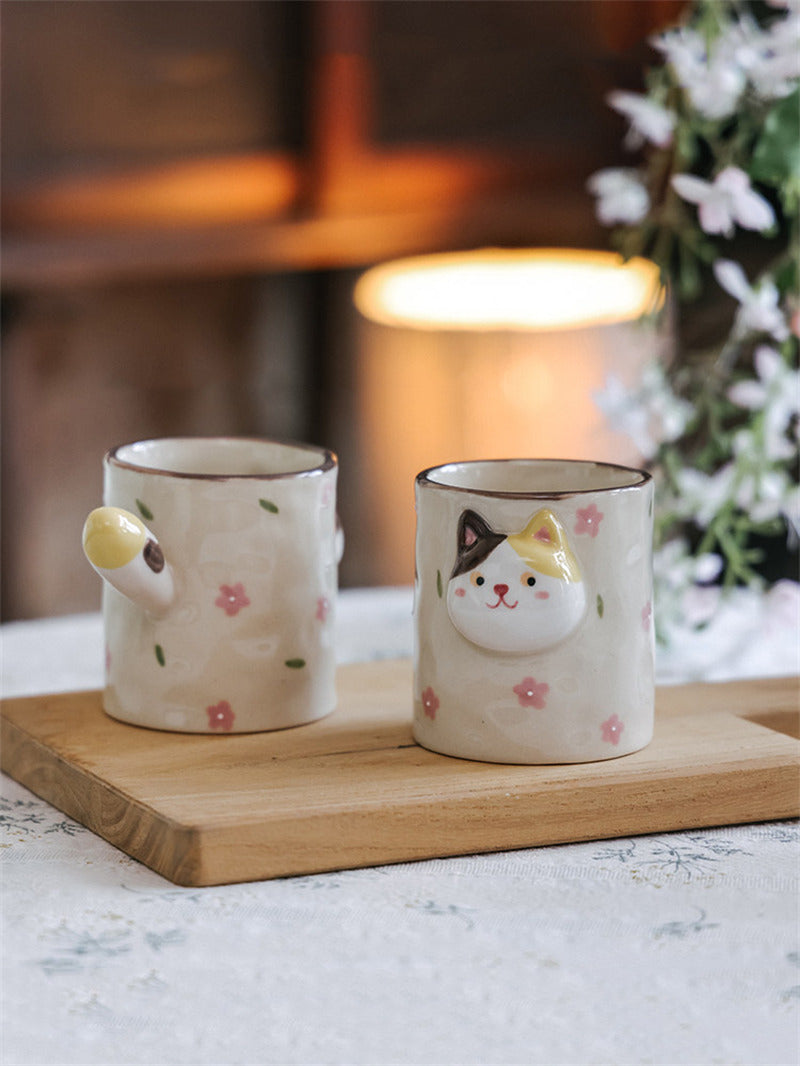 3D Raised Cat Face Ceramic Coffee Cup, Kawaii Novelty Animal Drink Cup,Unique Gift for Her