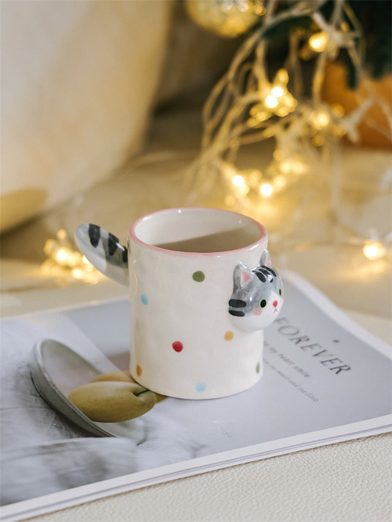 3D Raised Cat Face Ceramic Coffee Cup, Kawaii Novelty Animal Drink Cup,Unique Gift for Her