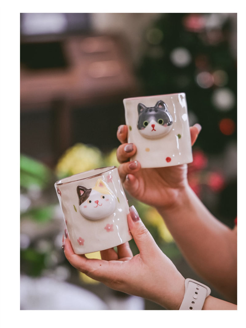 3D Raised Cat Face Ceramic Coffee Cup, Kawaii Novelty Animal Drink Cup,Unique Gift for Her