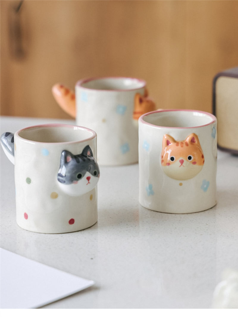 3D Raised Cat Face Ceramic Coffee Cup, Kawaii Novelty Animal Drink Cup,Unique Gift for Her