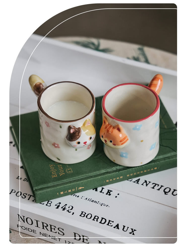 3D Raised Cat Face Ceramic Coffee Cup, Kawaii Novelty Animal Drink Cup,Unique Gift for Her