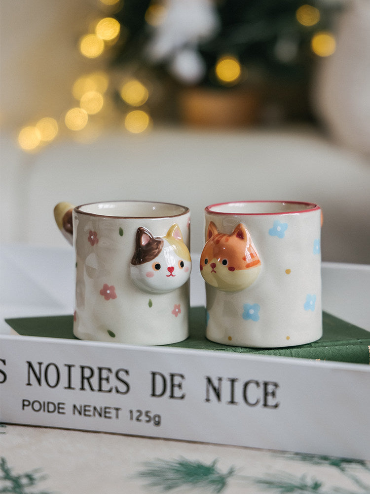 3D Raised Cat Face Ceramic Coffee Cup, Kawaii Novelty Animal Drink Cup,Unique Gift for Her