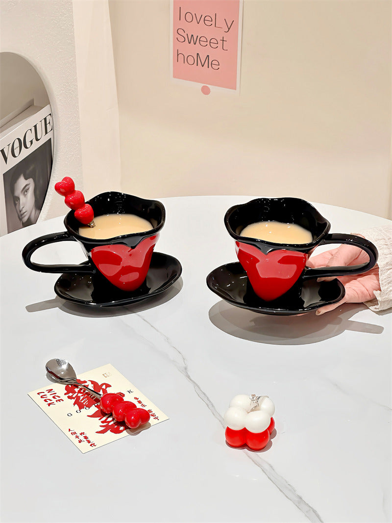 3D Red Heart Ceramic Coffee Mug with Saucer, Black Glossy Heart‑Shaped Cup, Romantic Tea Cup Set, Valentine’s Day Couple Gift