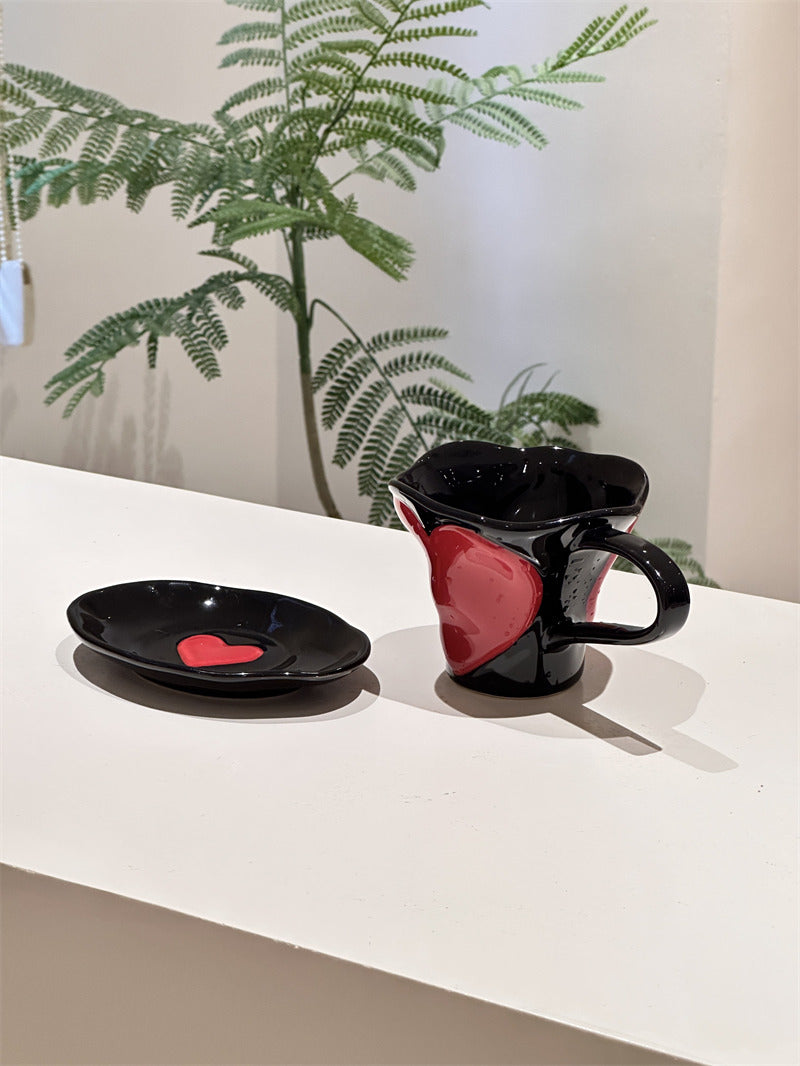 3D Red Heart Ceramic Coffee Mug with Saucer, Black Glossy Heart‑Shaped Cup, Romantic Tea Cup Set, Valentine’s Day Couple Gift