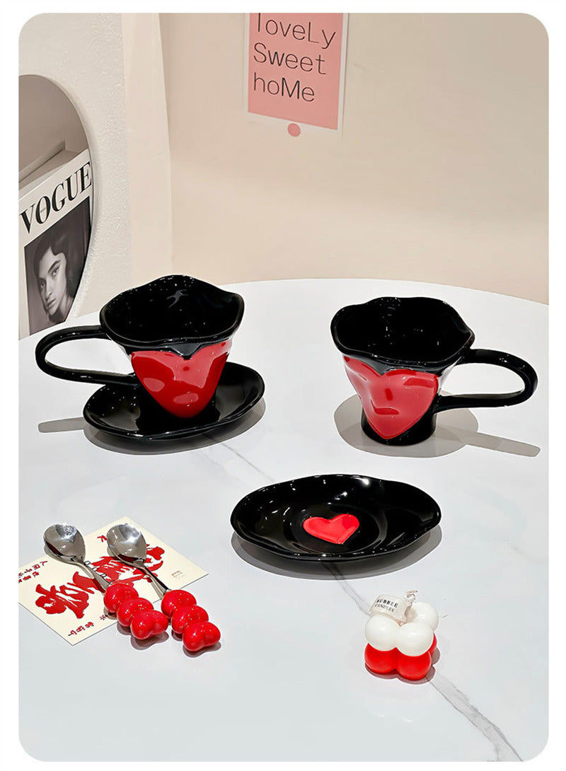 3D Red Heart Ceramic Coffee Mug with Saucer, Black Glossy Heart‑Shaped Cup, Romantic Tea Cup Set, Valentine’s Day Couple Gift