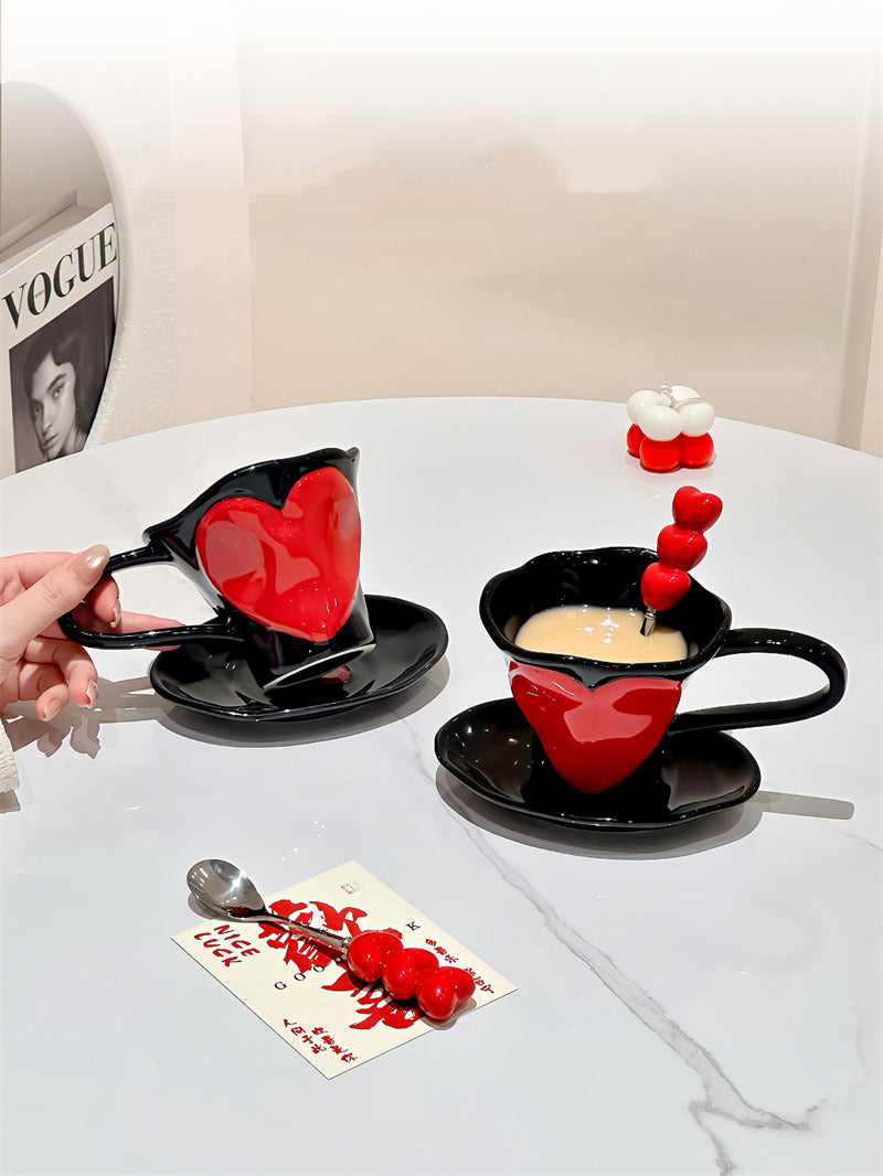 3D Red Heart Ceramic Coffee Mug with Saucer, Black Glossy Heart‑Shaped Cup, Romantic Tea Cup Set, Valentine’s Day Couple Gift