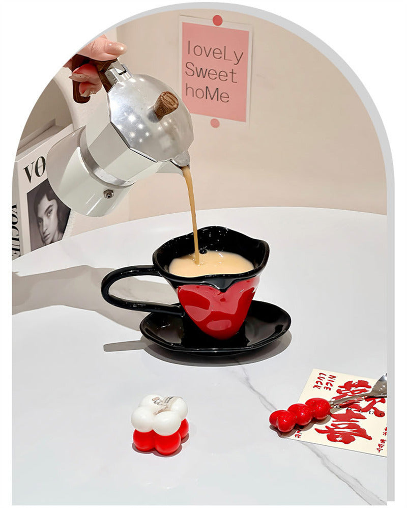 3D Red Heart Ceramic Coffee Mug with Saucer, Black Glossy Heart‑Shaped Cup, Romantic Tea Cup Set, Valentine’s Day Couple Gift