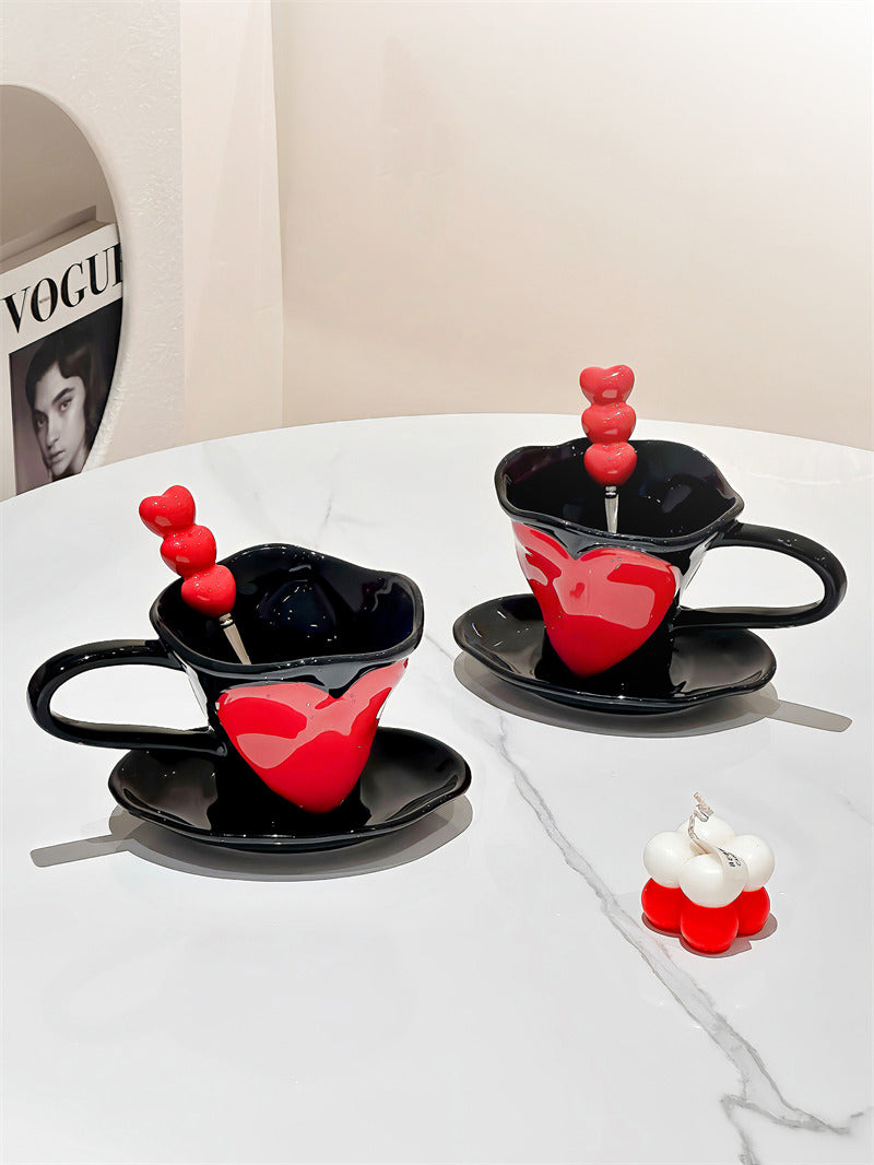 3D Red Heart Ceramic Coffee Mug with Saucer, Black Glossy Heart‑Shaped Cup, Romantic Tea Cup Set, Valentine’s Day Couple Gift