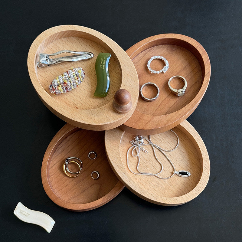 4‑Tier Rotatable Wooden Storage Box,  Multi‑Layer Divided Organizer Tray, Snack Nut Serving Dish & Jewelry Trinket Holder for Coffee Table & Vanity Desktop