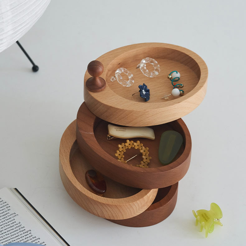 4‑Tier Rotatable Wooden Storage Box,  Multi‑Layer Divided Organizer Tray, Snack Nut Serving Dish & Jewelry Trinket Holder for Coffee Table & Vanity Desktop