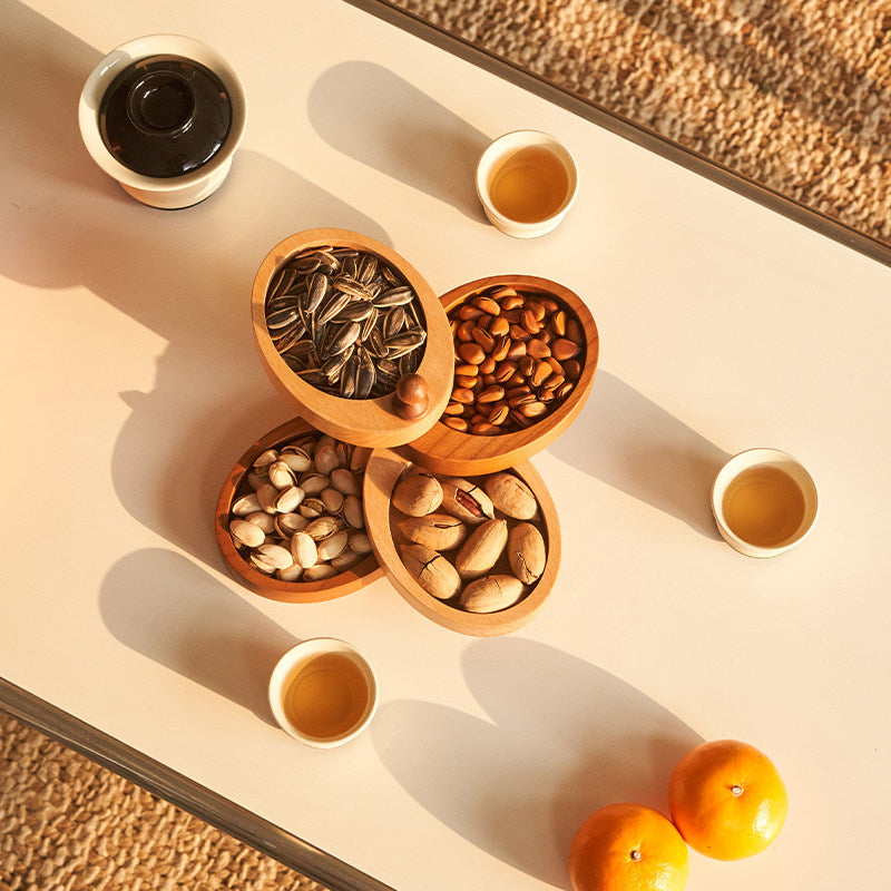 4‑Tier Rotatable Wooden Storage Box,  Multi‑Layer Divided Organizer Tray, Snack Nut Serving Dish & Jewelry Trinket Holder for Coffee Table & Vanity Desktop