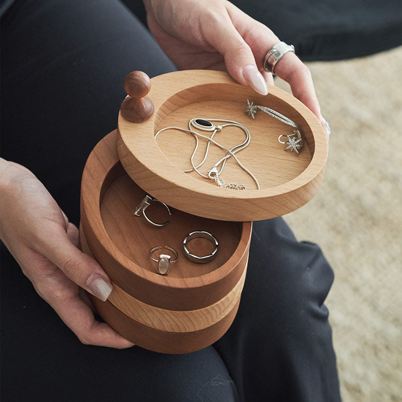 4‑Tier Rotatable Wooden Storage Box,  Multi‑Layer Divided Organizer Tray, Snack Nut Serving Dish & Jewelry Trinket Holder for Coffee Table & Vanity Desktop