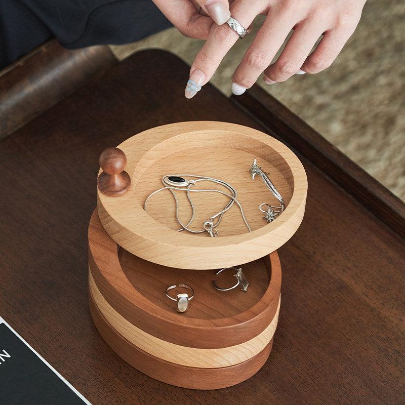 4‑Tier Rotatable Wooden Storage Box,  Multi‑Layer Divided Organizer Tray, Snack Nut Serving Dish & Jewelry Trinket Holder for Coffee Table & Vanity Desktop