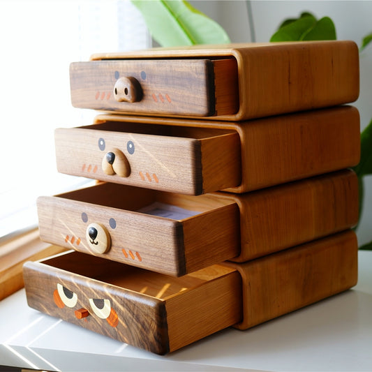 Adorable Animal Drawer Organizer - Wooden Desktop Storage Box with Cute Faces